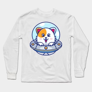 Cute cat flying with spaceship ufo cartoon Long Sleeve T-Shirt